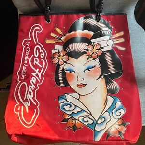 Christian Audigier Red Geisha Print Tote with Black Handles